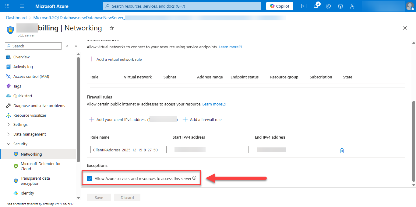Allow Azure services and resources to access this server